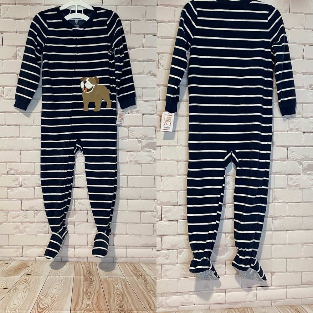 Carter’s navy blue and white striped fleece Footsie one piece pajamas 5T new!